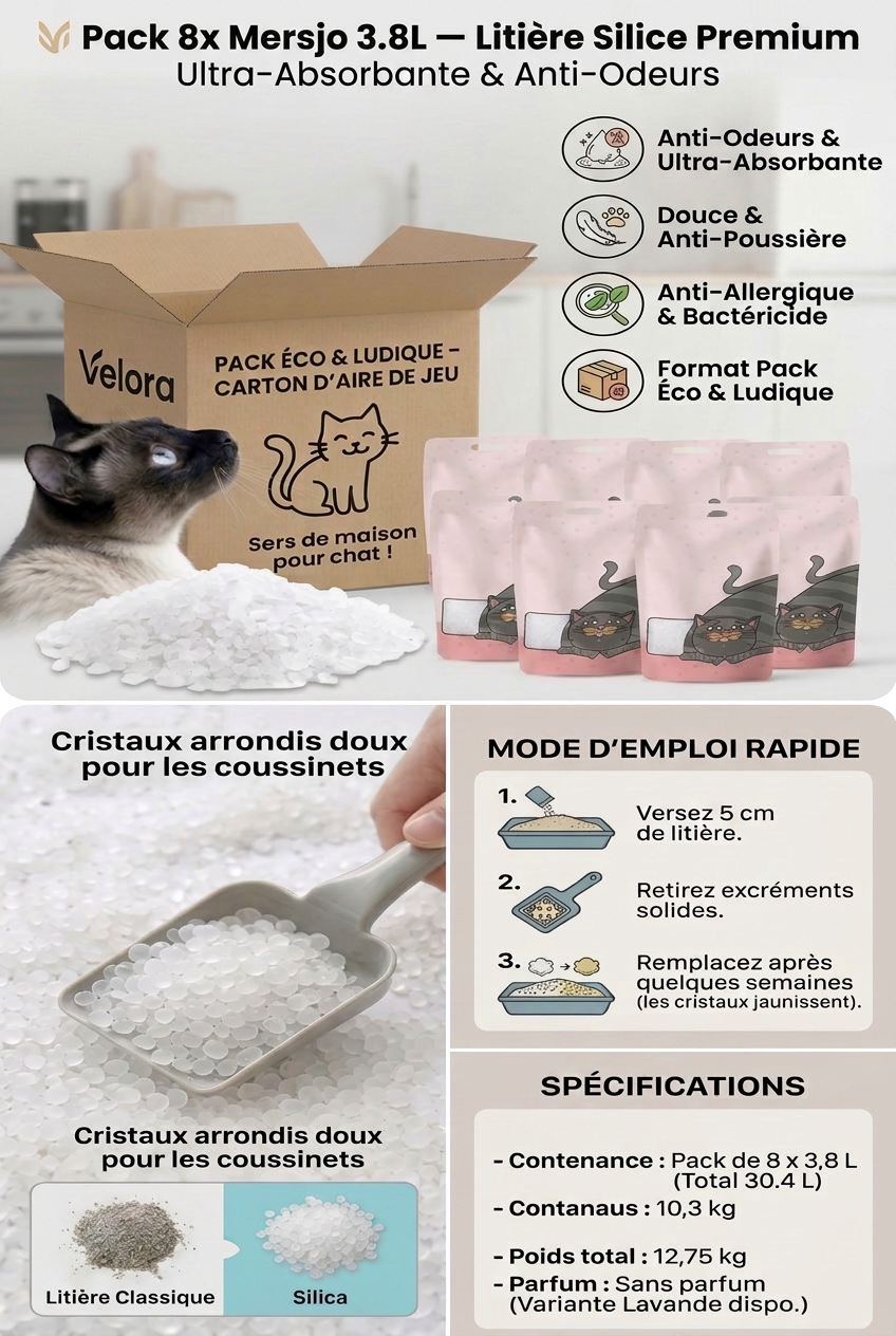 8x3,8L PREMIUM Silicone sans poussière Litière pour chat Absorbant antibactérien antiallergénique naturel