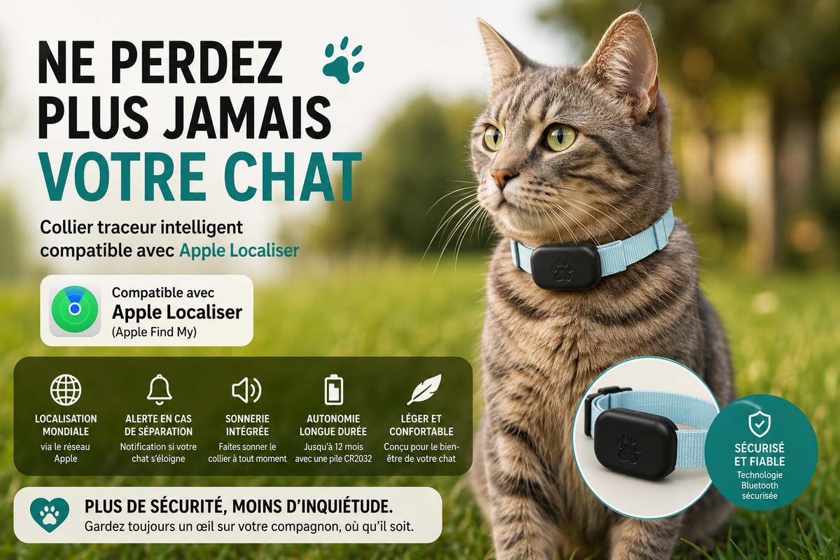 Collier Traceur GPS pour Chat – Compatible Apple Localiser (Find My)