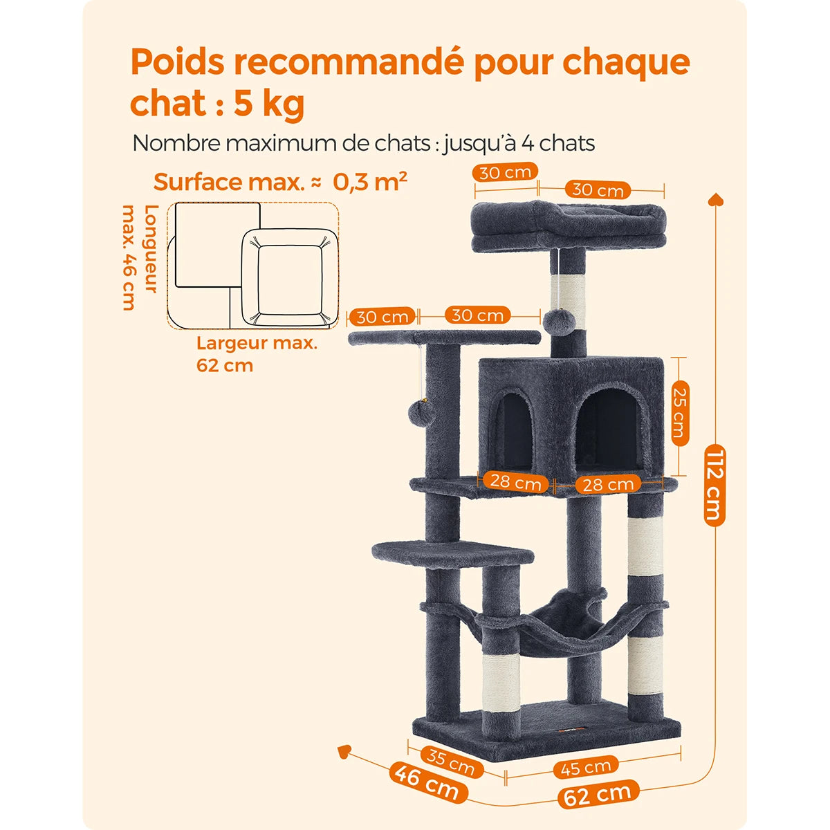 Arbre à Chat Premium 112 cm – Niche, Hamac & Griffoirs